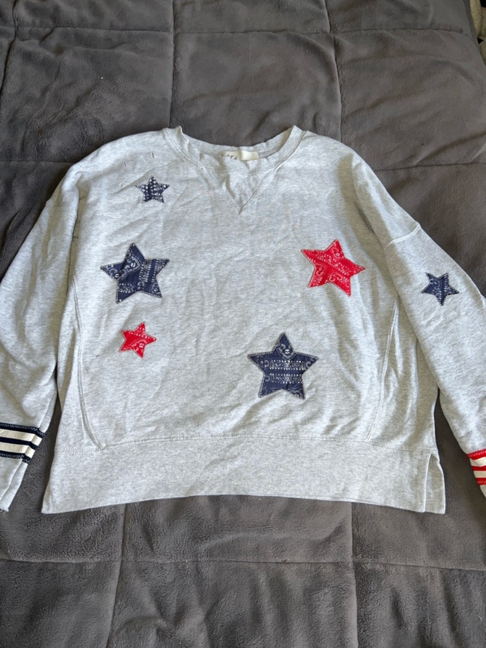 Vintage Havana Gray Sweatshirt with Red and Navy Star Appliqués